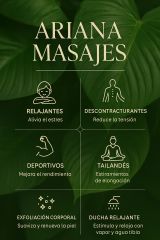 ARIANA MASAJES : PLAN MENSUAL DE MASAJES, 45 MINUTOS O Masajes DE 90 minutos. Promo jubilad@s. TERAPIA CANABICA Y MUCHO MAS